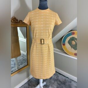 Vintage 1960s White & Mustard Plaid Mod Shift Dress w/ Faux Belt